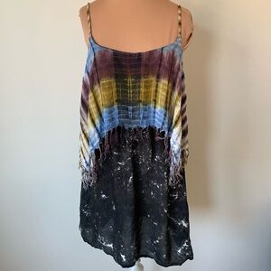 Santiki Indonesia Tie Dye Multicolor Rayon Fringe Detail Mini Dress Size Small